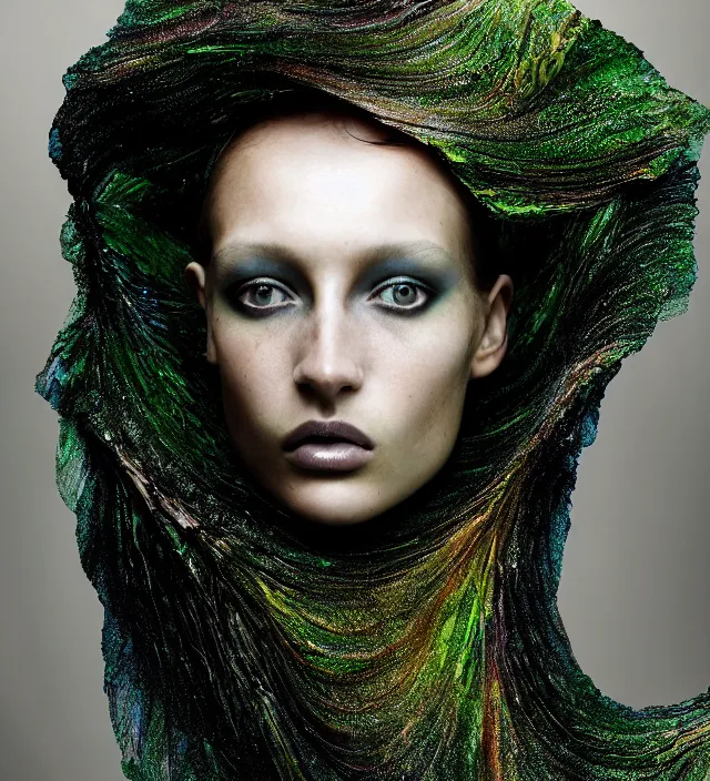 Image similar to photography face portrait of one female fashion model in rainforest, wearing one organic futurist shawl designed by iris van herpen,, creative colorfull - makeup, curly hair style half _ long, photography by paolo roversi nick knight, helmut newton, avedon, and araki, sky forest background, natural pose, highly detailed, skin grain detail