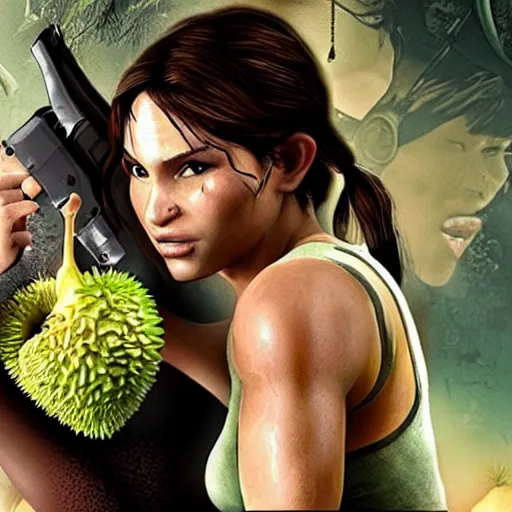 Image similar to Lara croft eating durian