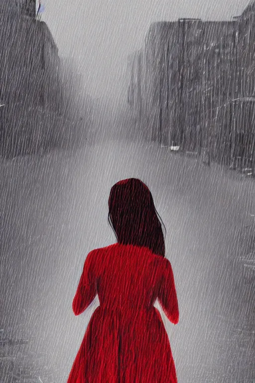 Image similar to a girl in a red dress crying in the middle of a city while its raining, digital art