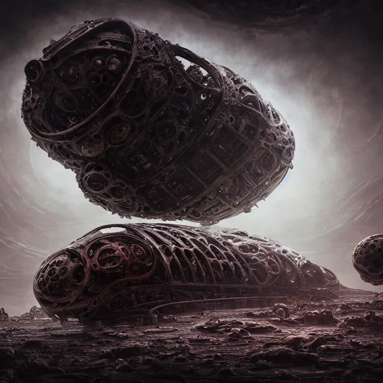 Prompt: ribbed abandoned biomechanical organic crashed spaceship in the shape of C on exoplanet in a desolate empty wasteland, covered with organic flesh, meat, creepy, nightmare, dream-like heavy atmosphere, surreal abandoned buildings, baroque painting, beautiful detailed intricate insanely detailed octane render trending on Artstation, 8K artistic photography, photorealistic, chiaroscuro, cinematic volumetric light, Raphael, Caravaggio, Beksinski, Giger