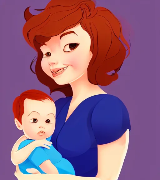 Image similar to a mother with short shoulder length auburn hair, short and curvy and a slightly chubby face holding her infant son with short brown hair full color digital illustration in the style of don bluth, artgerm, artstation trending, 4 k