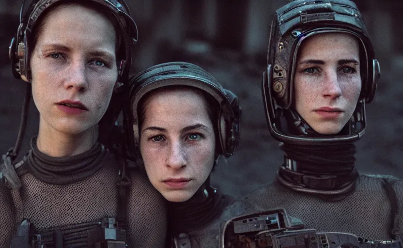 Prompt: cinestill 5 0 d photographic portrait by helen levitt of two loving female androids wearing rugged black mesh techwear on a desolate plain, extreme closeup, modern cyberpunk moody emotional cinematic, dust storm, 8 k, hd, high resolution, 3 5 mm, f / 3 2, ultra realistic faces, ex machina