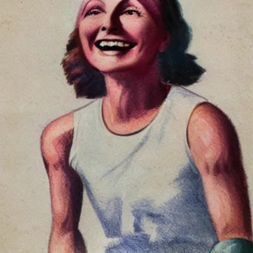 Prompt: a 1 9 2 8 color drawing portrait. calm, happy, healthy, smiling, sporty, young, glowing greta garbo in athletic wear with big smile and healthy teeth. realistic, high quality.