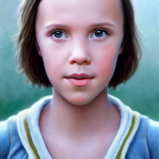 Prompt: Beautiful hyperrealistic detailed matte portrait painting of Millie Bobby Brown kid with short straight hair by andreas rocha and john howe and Martin Johnson