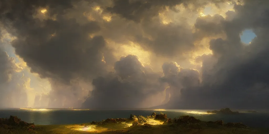 Prompt: a beautiful painting of epic skycape with thunder clouds and storm over a moody landscape by albert bierstadt and joseph zbukvic, moody color scheme, high detail, trending on artstation