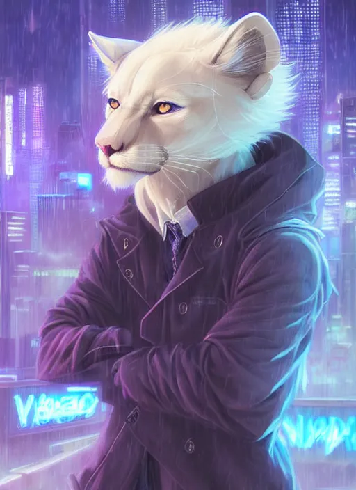 Image similar to award winning beautiful portrait commission of a male furry anthro albino mountain lion fursona with a tail and a cute beautiful attractive detailed furry face wearing stylish cyberpunk clothes in a cyberpunk city at night while it rains. Vaporwave. Character design by charlie bowater, ross tran, artgerm, and makoto shinkai, detailed, inked, western comic book art