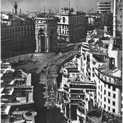 Prompt: barcelona in 1 9 1 8, retrofuturism, steampunk, gothic quarter, modernist buildings, art deco, footbridges between houses, steam pipes