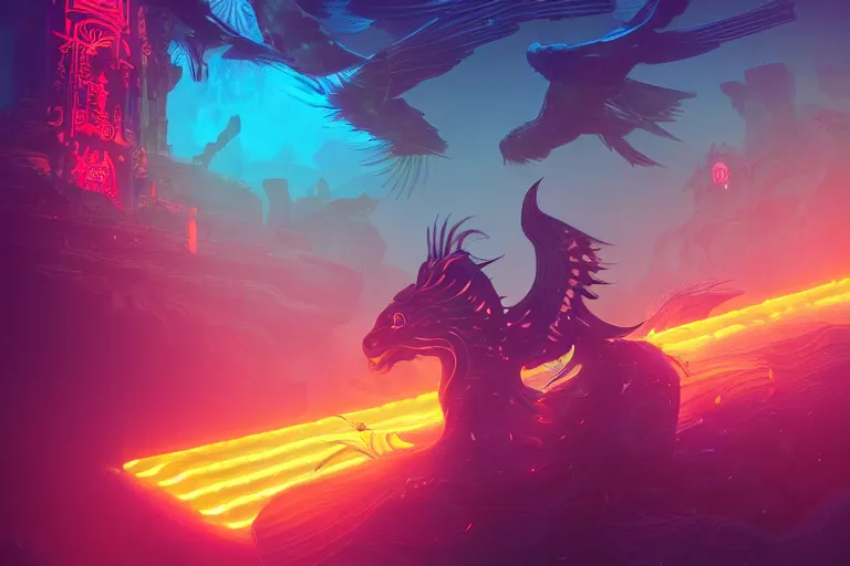 Prompt: wide ((wide)) photo of beautiful Jesse Faden (((dynamic neon lighting)) in solar temple with glowing birds, elegant, highly detailed, sharp focus, illustration, beautiful, geometric, trending on artstation, battlefield, cinematic, artwork by Tran, Ross and Aivazovsky, Ivan
