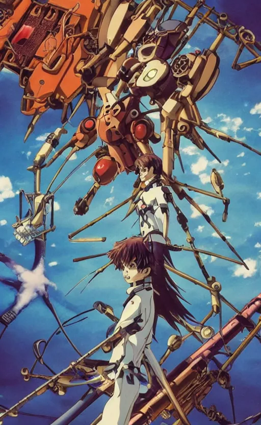 Image similar to < evangelion unit - 0 3 > stands in the ocean with a big < steampunk guitar >, movie poster,, 3 d anime, arcane style, retropunk, high resolution, 4 k, retrofuturism, by < yoshiyuki sadamoto > and ghibli