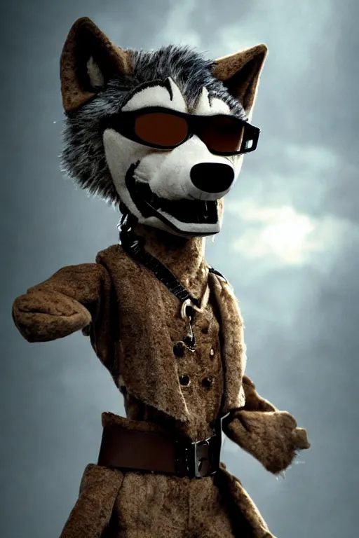 Prompt: cool wolf puppet wearing aviator sunglasses made my henson, dark ambient, atmospheric, movie poster, poster, horror, elegant, super highly detailed, award - winning, masterpiece, professional digital photo, artstation, concept art, 8 k, art style by enzo sciotti