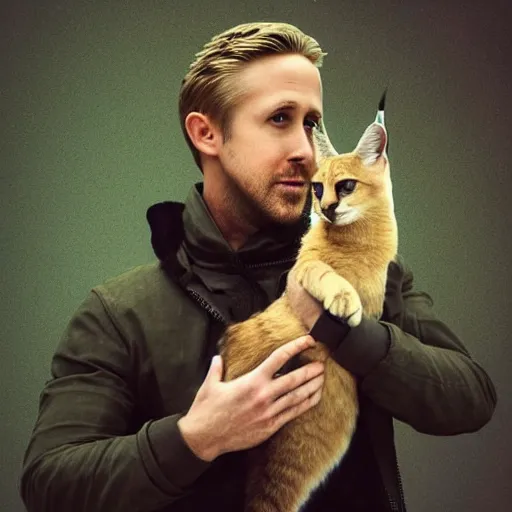 Image similar to Ryan Gosling holds a caracal cat in his hands, ultra highly detailed, smooth, sharp focus, elegant, artstation