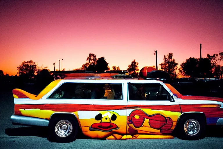 Image similar to clowncar at a california drive in, in 2 0 1 2, cutecore clowncore, bathed in the the glow of the sunset, low - light photograph, in style of tyler mitchell