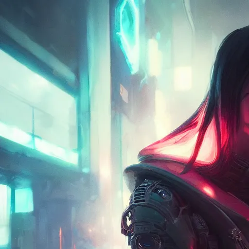 Image similar to a beautiful portrait of a cyberpunk rogue by greg rutkowski and kim hyun joo, neon ambience, trending on artstation