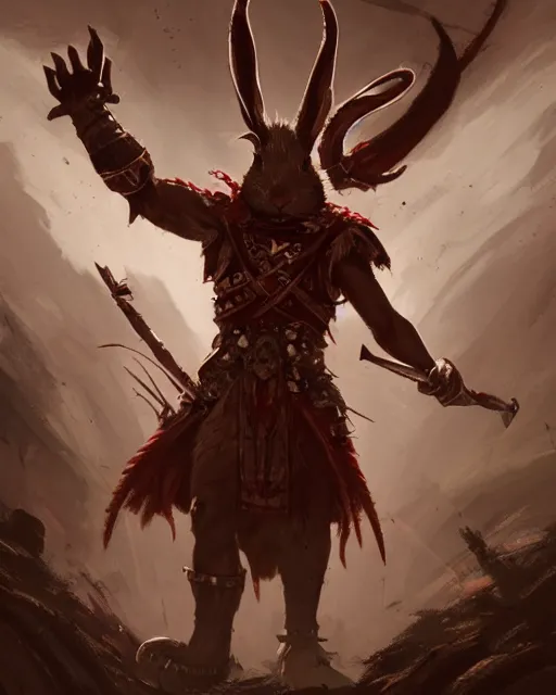 Image similar to Rabbit Berserker, rage, maniac, war paint, red, Khorne, magic the gathering artwork, D&D, fantasy, cinematic lighting, centered, symmetrical, highly detailed, digital painting, artstation, concept art, smooth, sharp focus, illustration, volumetric lighting, epic Composition, 8k, art by Akihiko Yoshida and Greg Rutkowski and Craig Mullins, oil painting, cgsociety