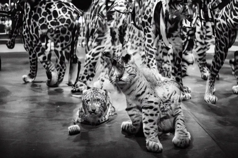 Prompt: photo of a Big Cat Circus, taken with Leica M11 and NOCTILUX 50mm F4.0, Paradium Platinum printed on paper