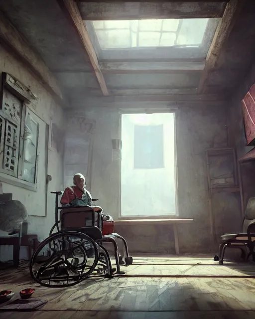 Image similar to artstation scifi scene a chinese village old ward, one ceiling fan, wheelchair, crutches, bed, dust, paneled walls, window, summer unreal engine 5, hyper realism, realistic shading, cinematic composition, blender render, octane render, hdr, detailed textures, photorealistic, wide shot