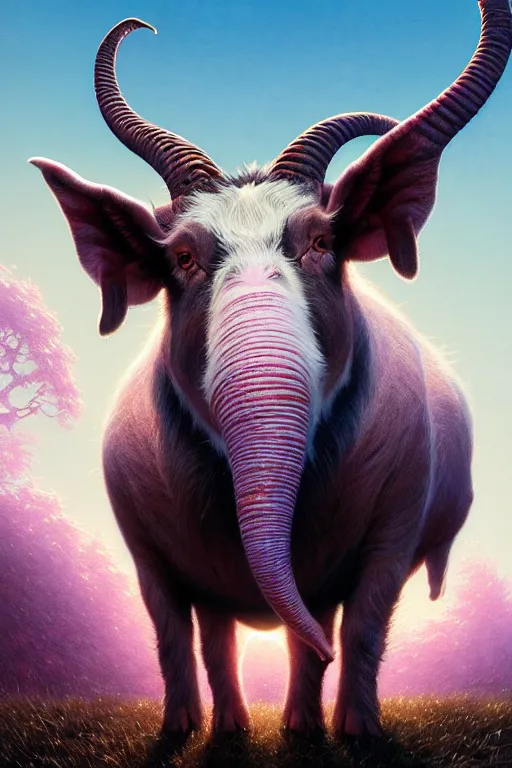 Image similar to highly detailed portrait of a goat pig hybrid with pink elephant trunk working on a computer, stephen bliss, unreal engine, fantasy art by greg rutkowski, rhads, ferdinand knab, makoto shinkai and lois van baarle, ilya kuvshinov, rossdraws, tom bagshaw, global illumination, radiant light, red blue theme, pine forest