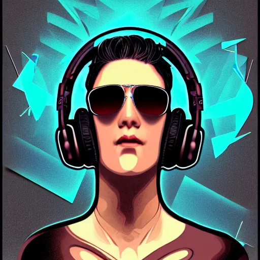 Prompt: detailed artwork flyer of a hardstyle DJ, in the style of art of Artgerm and Greg Rutkowski and Alphonse Mucha, headphones, sunglasses, stage speakers