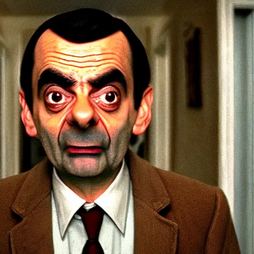 Image similar to mr bean in the shining, movie still, cinematography, cinematic lighting