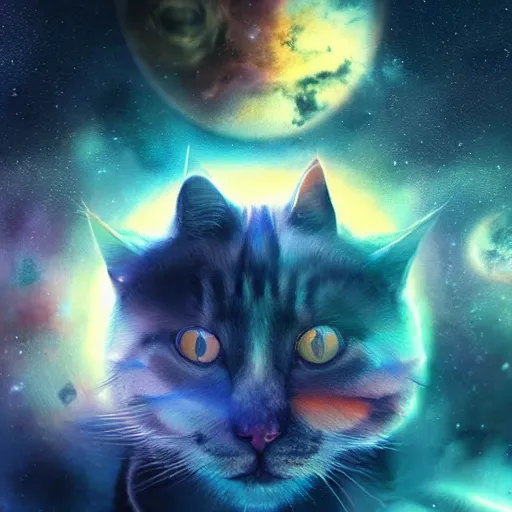 Image similar to cat in space, unreal engine, digital, artstation, detailed intricate illustration, heavenly atmosphere, digital art, overdetailed art, concept art, complementing colors, trending on artstation, cgstudio, the most beautiful image ever created, dramatic, subtle, details, award winning artwork, beautiful scenery