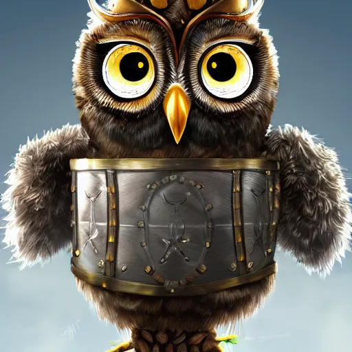 Prompt: A detailed, highly realistic anthropomorphic owl with a viking helmet and round shield standing in front of a tree, an anthropomorphic owl with a fluffy face wearing armor in front of a tree, digital art, artstation