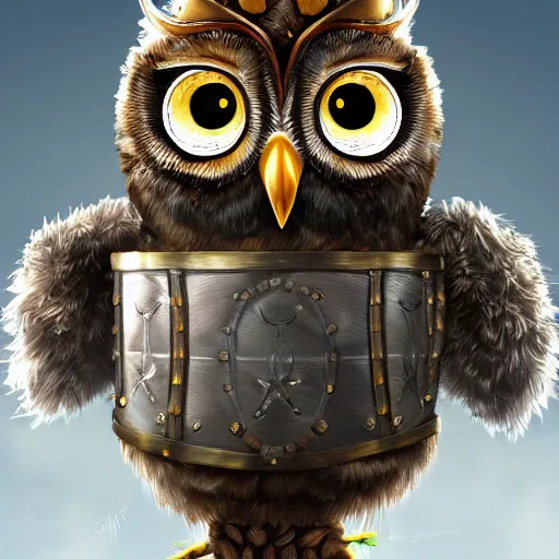 Image similar to A detailed, highly realistic anthropomorphic owl with a viking helmet and round shield standing in front of a tree, an anthropomorphic owl with a fluffy face wearing armor in front of a tree, digital art, artstation