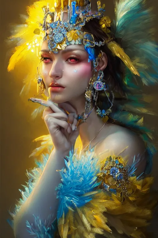 Image similar to beautiful princess with face covered with blue jewels wearing ice feathers, diamonds, angel, fantasy, yellow background beam, dramatic lighting, highly detailed, digital painting, magic the gathering, 3 d render, hyper realistic detailed portrait, peter mohrbacher, wlop, ruan jia