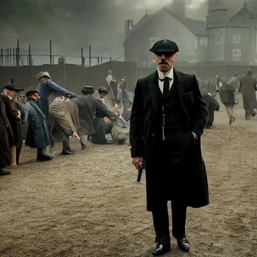 Image similar to Christian Bale in Peaky Blinders, cinematic film still