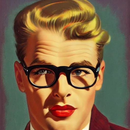 Prompt: 1950s painting of a charming handsome man wearing vintage glasses and suit by Gil Elvgren