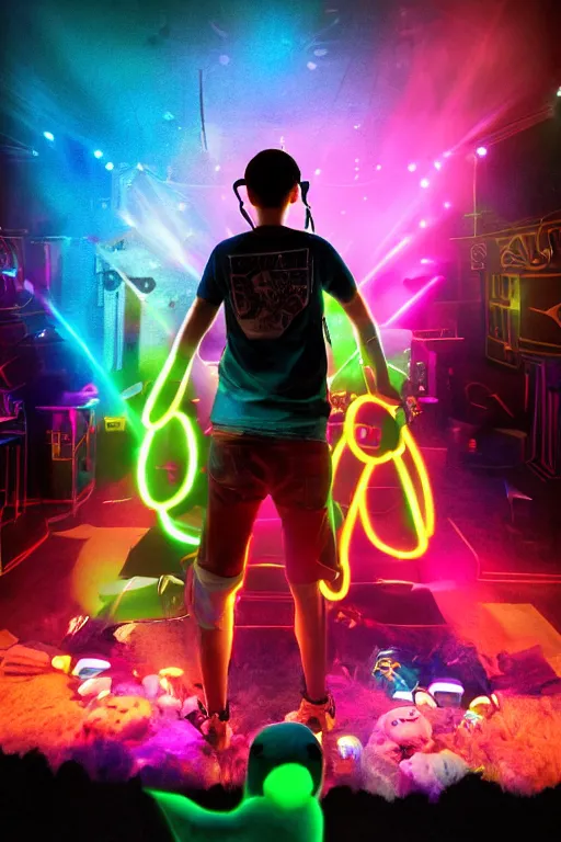 Prompt: stuffed animal DJ at a rave, glowsticks, dramatic lighting, cinematic, establishing shot, extremely high detail, foto realistic, cinematic lighting, post processed, concept art, high details, cinematic, 8k resolution, beautiful detailed, photorealistic, digital painting, artstation, concept art, smooth, sharp focus, artstation trending, octane render, unreal engine