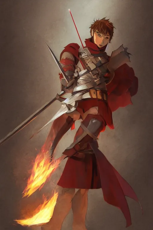 Prompt: male shifter, late 2 0 s, medium brown hair, green eyes, athletic build, scale mail armor, ripped white and red clothes, holding wooden shield and flaming holy symbol, dungeons and dragons, pathfinder, roleplaying game art, concept art, character design, by studio ghibli, makoto shinkai, kim jung giu, poster art, game art