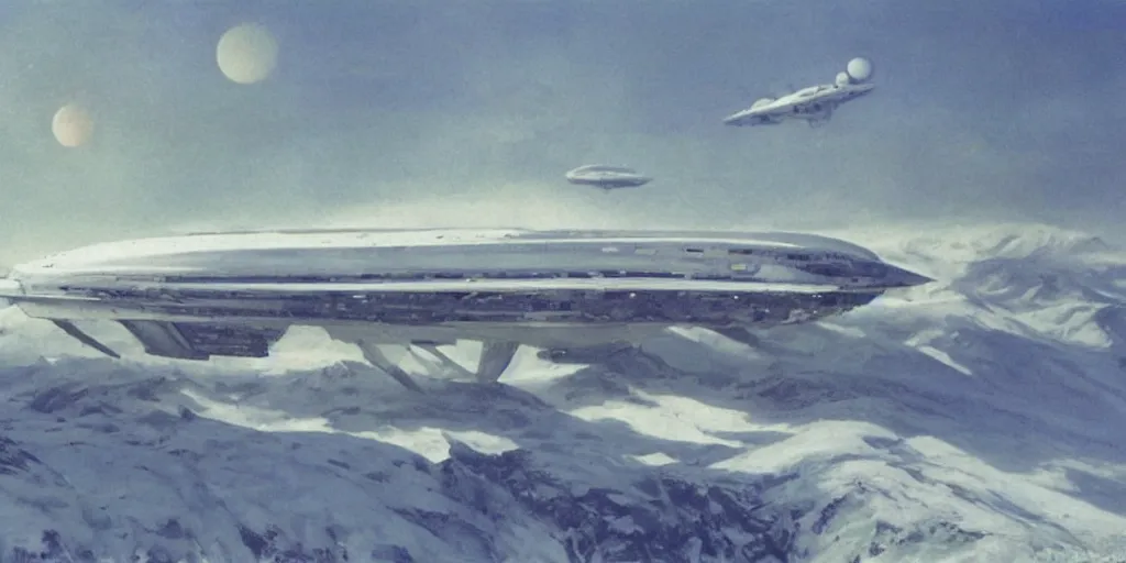 Prompt: white giant spaceship starship battlestar airship in center on tansy field at foot, snowy mountain afar by Fernand Khnopff by john berkey, oil painting, concept art