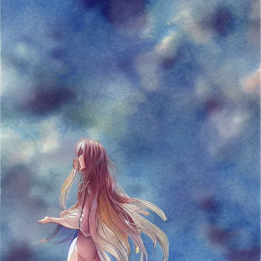 Prompt: The sentient dreamer and the Okinawa Sky, intricate, soft focus, watercolor, trending on Artstation