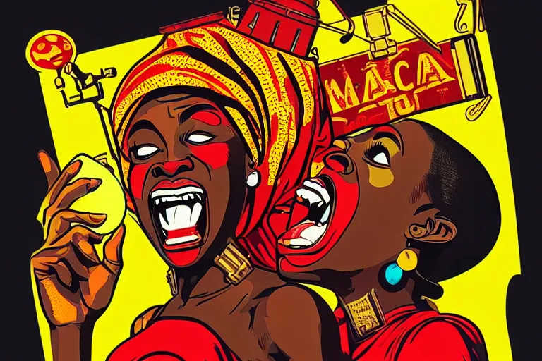 Image similar to mama africa laugh at her child!!! pop art, pixel, bioshock, gta chinatown, artgerm, richard hamilton, mimmo rottela, julian opie, aya takano, intricate, sharp focus, concept art, smooth, focus on details