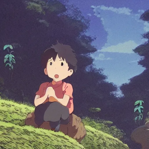 Prompt: Guy with slight smile and small friendly creature, made by Studio Ghibli detailed art, beautiful scene, , sharp focus, smooth,