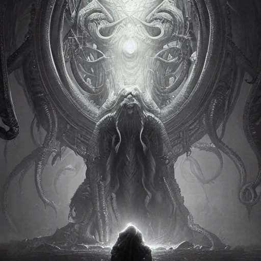 Image similar to human looking at big puppeteer of Cthulhu, hyperdetailed, artstation, cgsociety, by greg rutkowski, by Gustave Dore