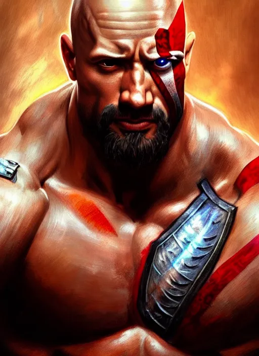 Image similar to portrait ofdwayne johnson as kratos, d & d, muscular! fantasy, intricate, elegant, highly detailed, digital painting, artstation, concept art, smooth, sharp focus, illustration, art by artgerm and greg rutkowski and alphonse mucha