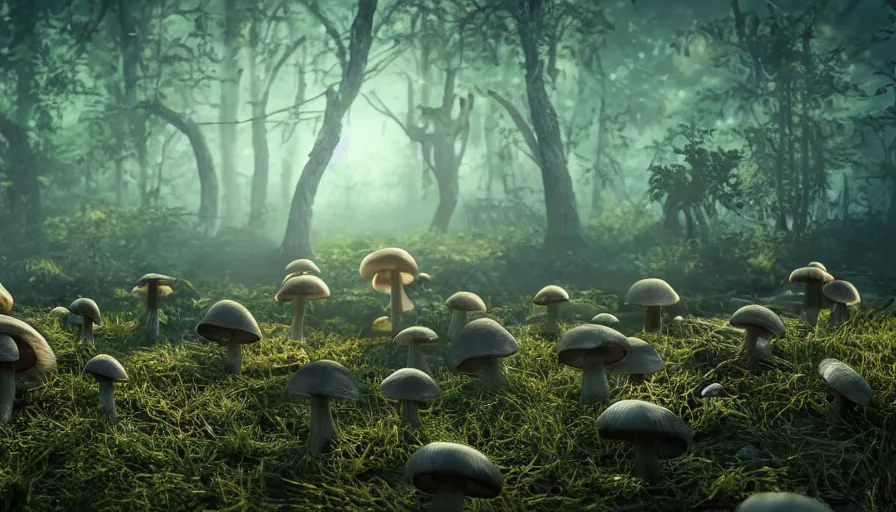 Image similar to hyper realistic highly detailed nature photography of mushroom infested skeleton zombies, prehistoric planet, volumetric lighting, octane render, 4 k resolution, golden hour