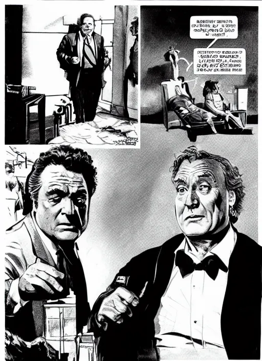 Image similar to Columbo and E. G. Marshall as Upson Pratt, comic book panels, artwork by Bernie Wrightson, detailed