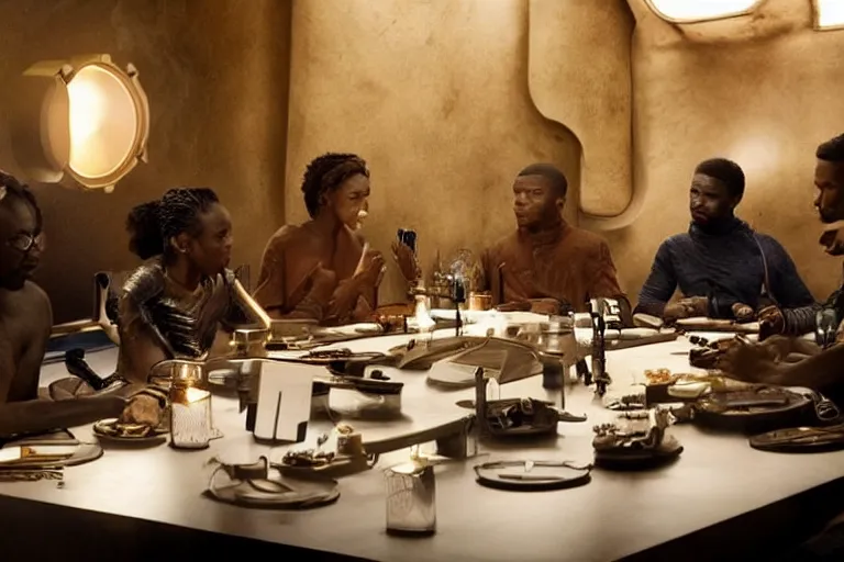 Image similar to movie diverse interracial team of European sci-fi futuristic space explorers talking at the table in a spaceship, beautiful skin, Symmetrical faces. Beautiful lighting by Emmanuel Lubezki