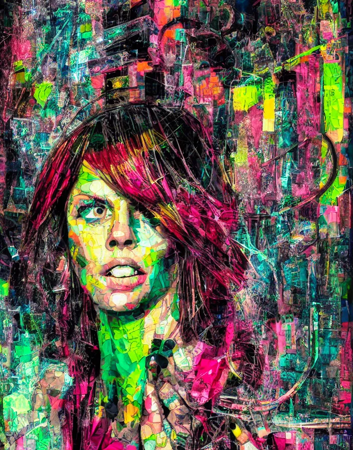 Prompt: she chained in neon chains, digital collage, decoupage, assemblage, photomontage, canvas texture, hight contrast, minimalist, contemporary art, punk art, photorealistic, portrait, expressionism, masterpiece, dynamic composition, spectacular quality, intricate oil details, broken glass