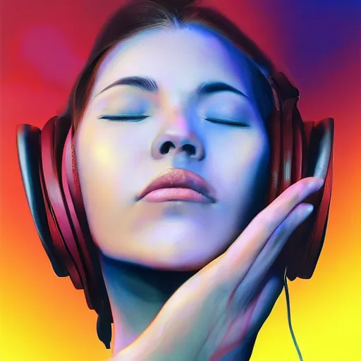 Prompt: stunning cyber renaissance woman with headphones, enjoying calm music, eyes closed, artstation, painted by annie leibovitz