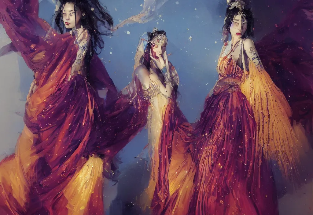 Image similar to full body portrait of a duo of 1 9 years old girl figures, oriental tattoos, jeweled ornament over forehead, subject wearing a pleated high fashion gown, flowing, beautiful, dramatic, cinematic lighting, ultramarine, lemon, fire red, few vivid purple highlights, visible brushstrokes, by greg rutkowski and jeremy mann, artstation, oil on canvas