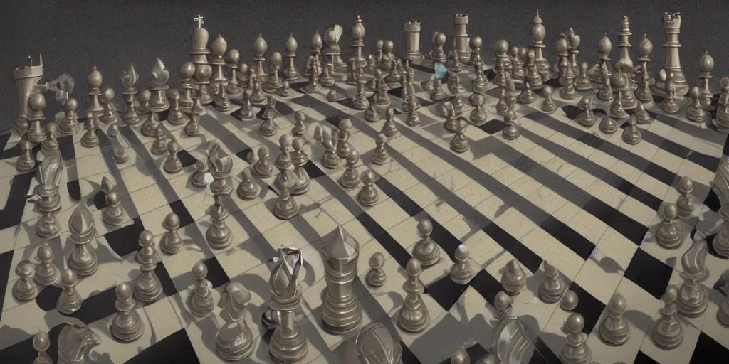 Prompt: A beautiful 3D painting of a sprawling intricate chess board populated by elegant chess pieces by maxfield parrish and Andreas Rocha and nicola samori and arthur rackham, volumetric lighting, dynamic lighting, dramatic lighting, high contrast, concept art, marble, religious, magic realism, catholicpunk, stark, trending on artstation