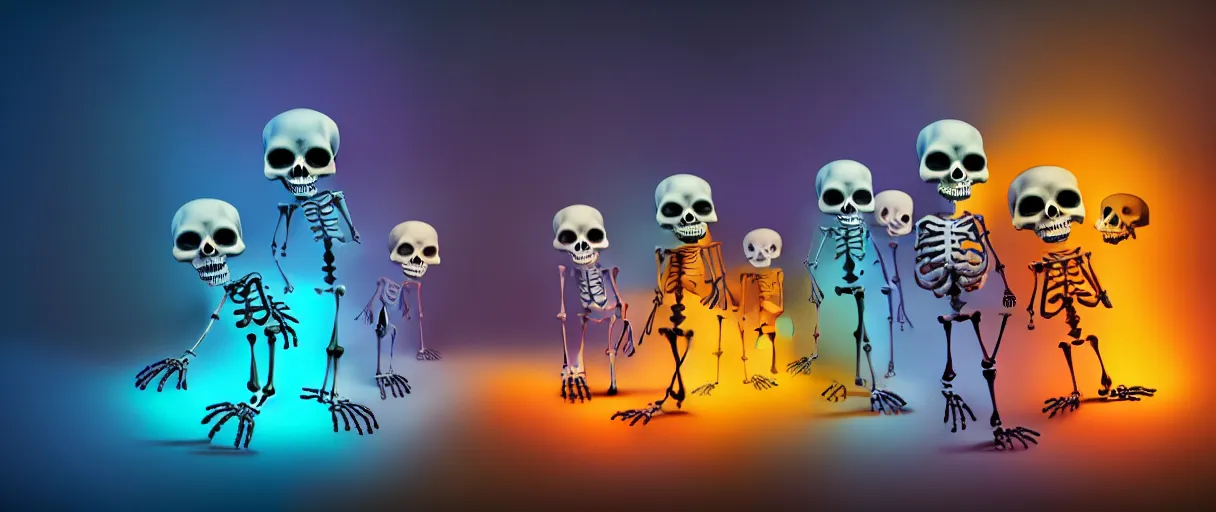 Prompt: hyperrealistic very cute multicolored skeletons breaking bones jason limon concept art dramatic blue lighting wide angle hd 8k sharp shallow depth of field