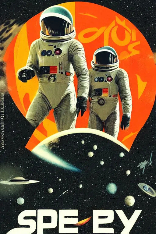 Prompt: poster art, movie poster, retrofuturism, sci - fi, textured, paper texture, 2 0 0 1 : a space odyssey by edward valigursky, red and yellow space suits