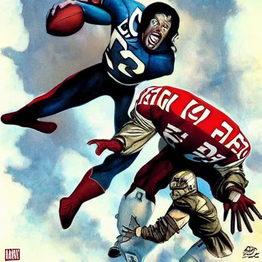 Prompt: comic book cover for'the terror of the superbowl ', art by alex ross