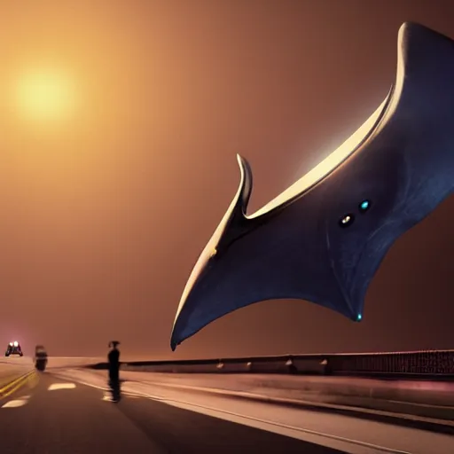 Prompt: old camera footage of a hyperintelligent otherworldly manta ray alien from beyond the stars landing in the middle of a busy road, wearing an odd hooded cowl, with skin that twinkles like the stars, cgi, proper anatomy, sci fi fantasy, photorealistic, pixar, trending on artstation