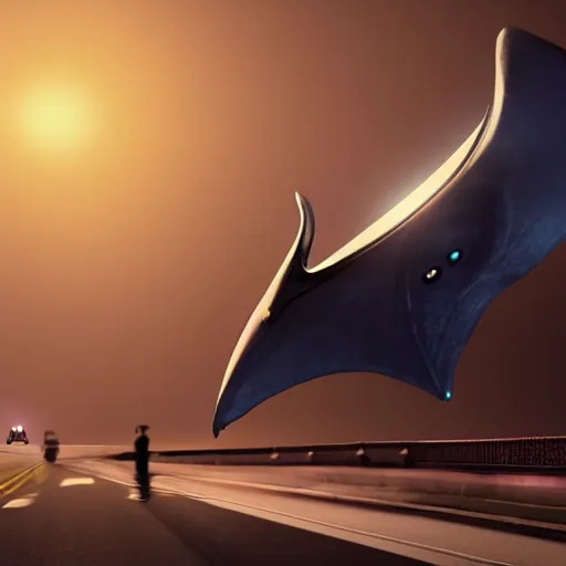 Image similar to old camera footage of a hyperintelligent otherworldly manta ray alien from beyond the stars landing in the middle of a busy road, wearing an odd hooded cowl, with skin that twinkles like the stars, cgi, proper anatomy, sci fi fantasy, photorealistic, pixar, trending on artstation