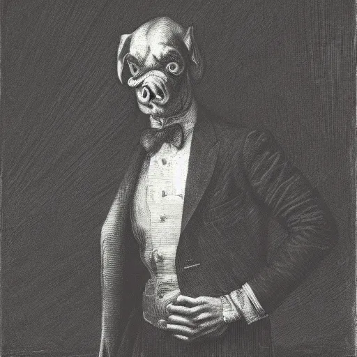 Image similar to detailed portrait of a creepy pig in a tuxedo, dramatic light, Chiaroscuro, dark, illustration by Paul Gustave Doré